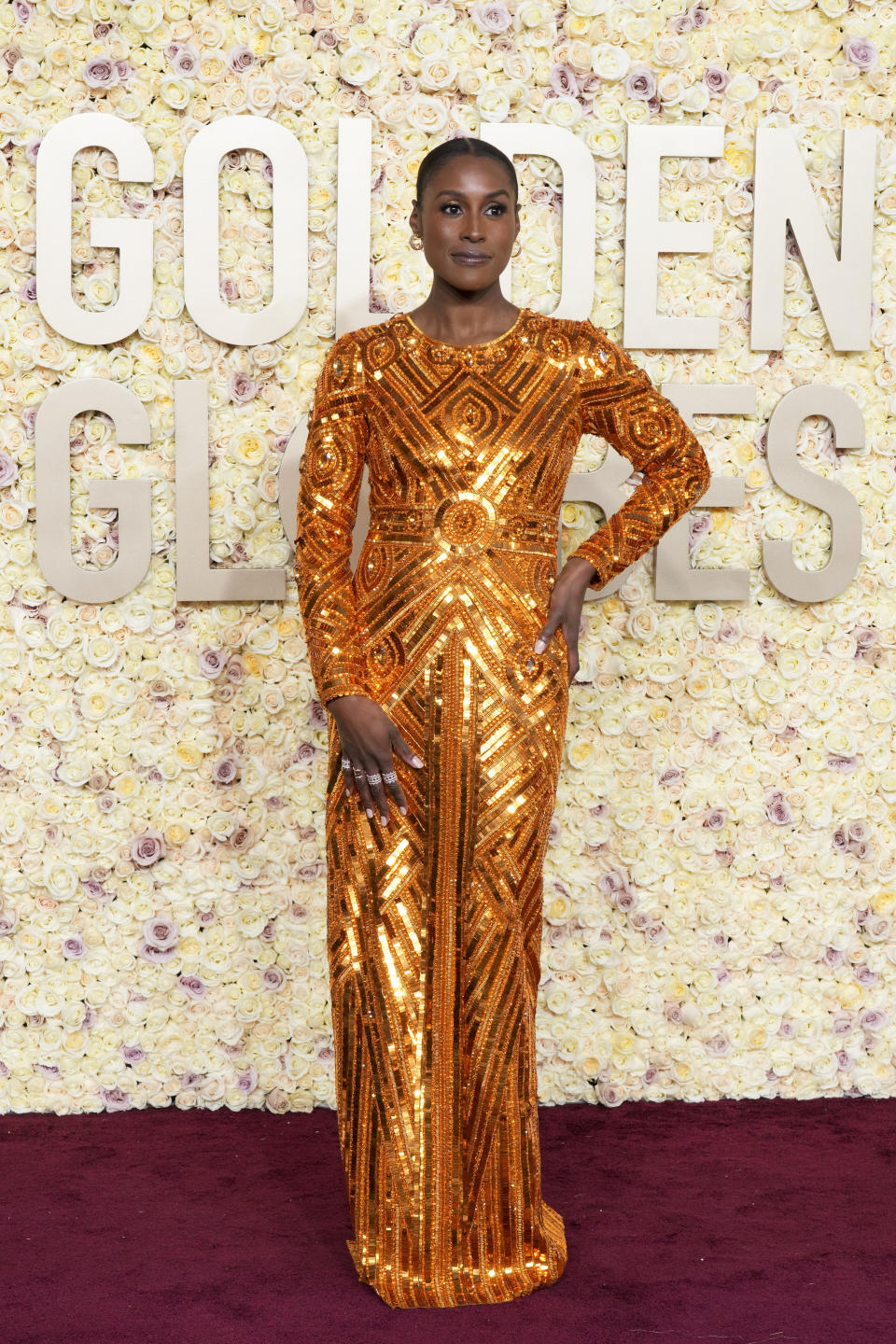 Issa Rae arrives at the 81st Golden Globe Awards on Sunday, Jan. 7, 2024, at the Beverly Hilton in Beverly Hills, Calif. (Photo by Jordan Strauss/Invision/AP)