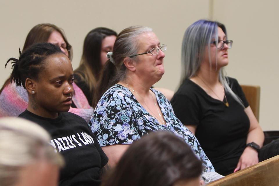 Karen Uyar of Highland Park, the mother of victim Yasemin Uyar, listens in the courtroom. as Tyler Rios, 27, of Highland Park, who is facing murder and kidnapping charges in connection with the July 2021 death of his ex-girlfriend Yasemin Uyar and the kidnapping of the couple's then 2-year-old son, Sebastian, appears before Superior Court Judge John M. Deitch during a court hearing in the annex of the Union County Courthouse in Elizabeth, NJ Monday, April 4, 2022. Rios plead guilty to two crimes, aggravated manslaughter in the first degree and desecrating human remains in the second degree.