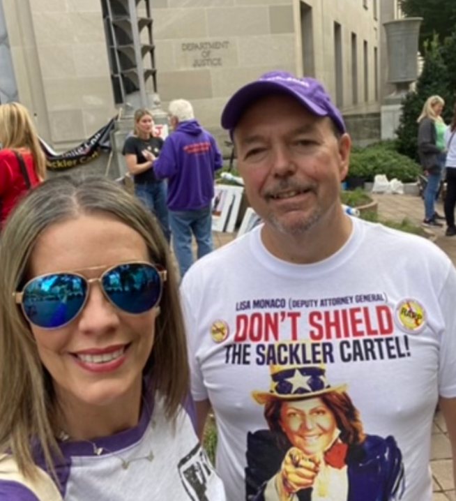 Tonya Doucette and her friend Ed Bisch are pictured at a rally to hold pharmaceutical companies accountable for their role in the opioid epidemic. Doucette started a nonprofit to raise awareness and help people in recovery in Louisiana.