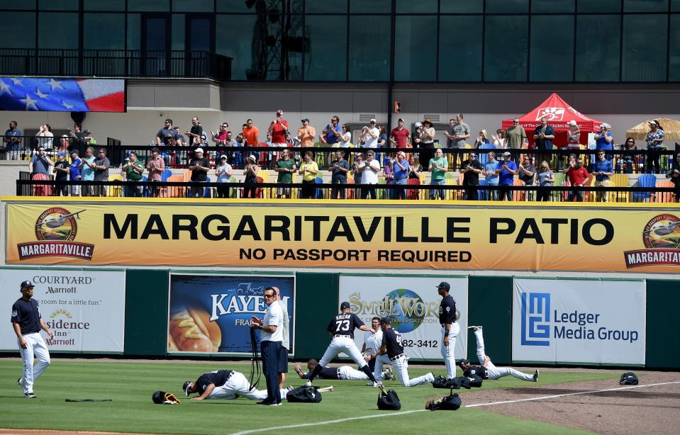 Fans watch Detroit players warm-up from the Margaritaville Patio in 2017.