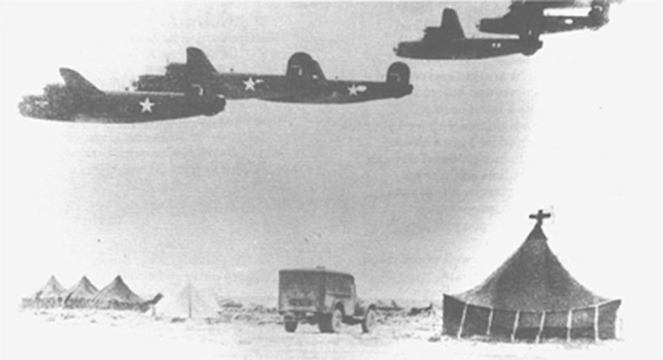 A formation of B24 Liberators take off from their airfield near Benghazi, Libya, on July 20, 1943. The Operation Tidal Wave attack force consisted of 178 B24 Liberators, each with 10-man crews.