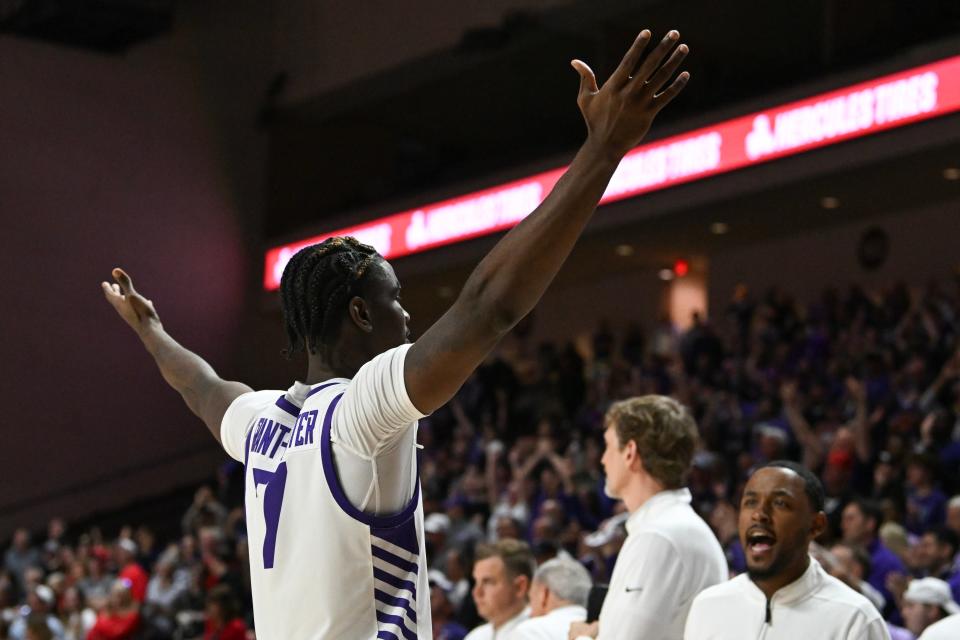 Tyon Grant-Foster (7) of the Grand Canyon Antelopes celebrates defeating the Seattle Redhawks 80-72 in the semifinal game of the Western Athletic Conference basketball tournament at the Orleans Arena on March 15, 2024 in Las Vegas.