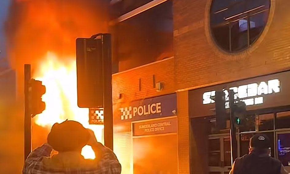 <span>Video footage on social media showed flames coming from Sunderland city centre police station.</span><span>Photograph: X/Nick Lowles</span>