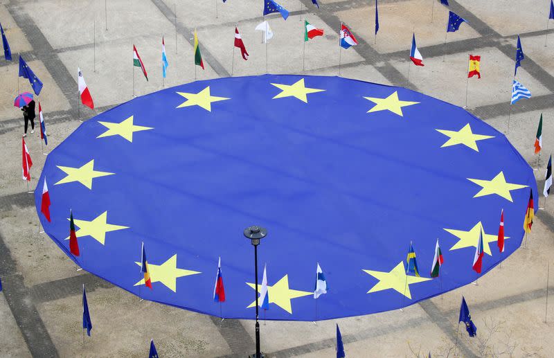 EU flag lies at Schuman square on eve of Europe Day in Brussels