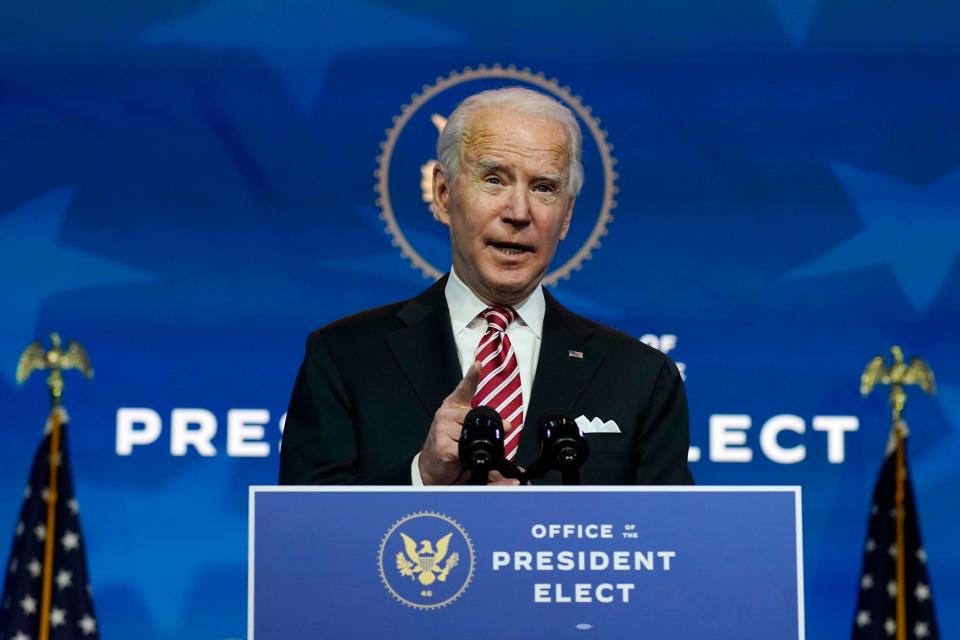 President-elect Joe Biden is pictured speaking at The Queen Theater in Wilmington, Delaware.