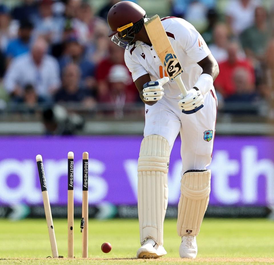 Jason Holder of the West Indies is bowled by Gus Atkinson during day one of the 3rd Test Match between England and the West Indies at Edgbaston on July 26, 2024 in Birmingham, England