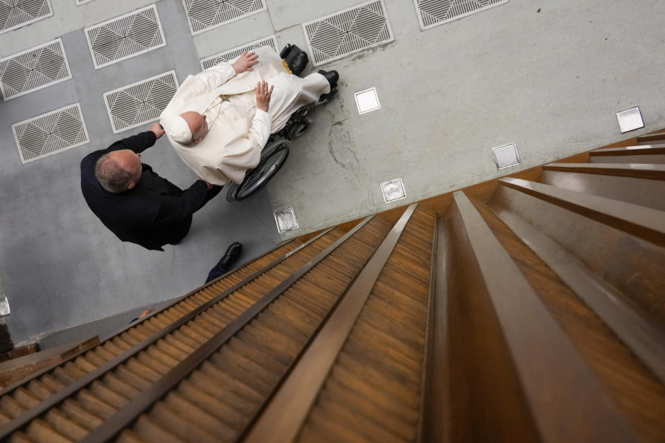 Pope Francis arrives for his weekly general audience in the Pope Paul VI hall at the Vatican, Wednesday, Aug. 30, 2023. (AP Photo/Andrew Medichini)