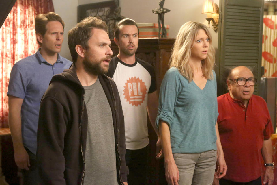 IT'S ALWAYS SUNNY IN PHILADELPHIA Season 12 premiere "The Gang Turns Black" Glenn Howerton as Dennis, Charlie Day as Charlie, Rob McElhenney as Mac, Kaitlin Olson as Dee, Danny DeVito as Frank