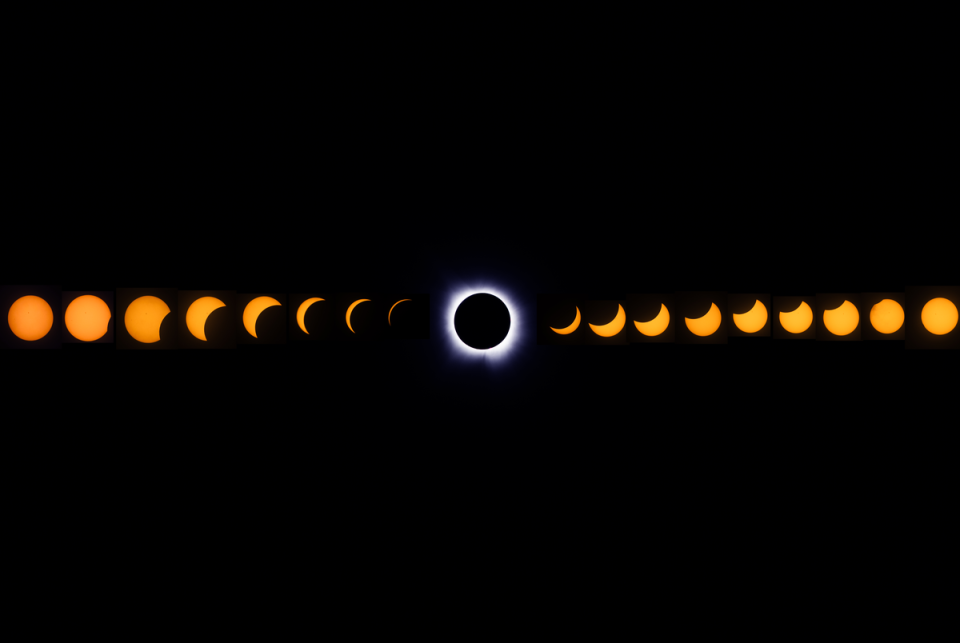 A composite image showing different stages of the total solar eclipse photographed at Cooper Lake State Park on April 8, 2024.