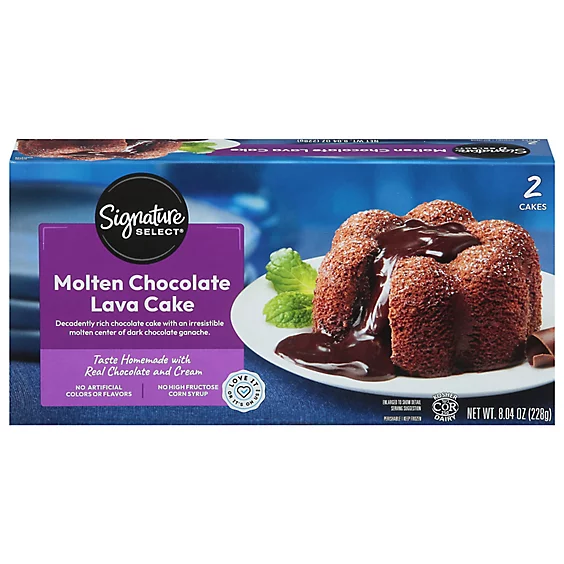 Signature Select Molten Chocolate Lava Cake package; text highlights the rich chocolate cake with molten center and absence of artificial colors, flavors, and high fructose corn syrup