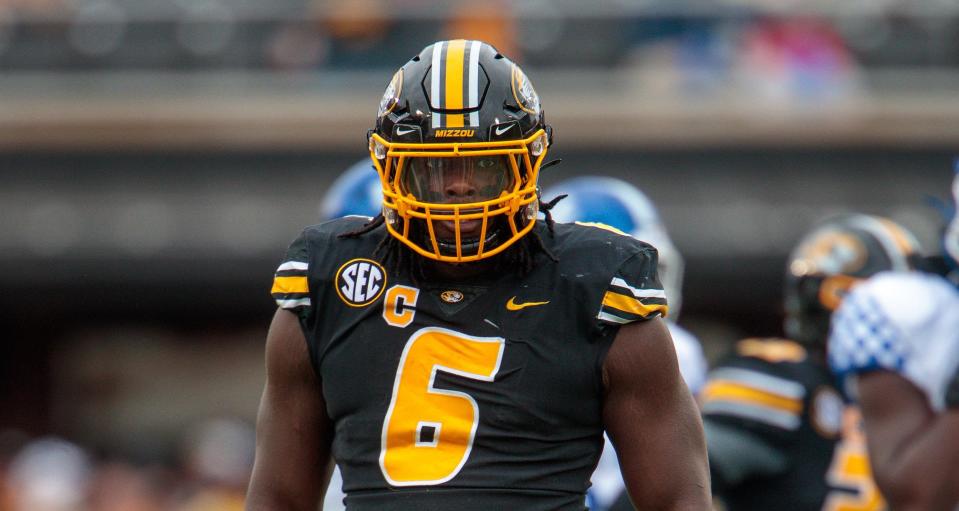 Missouri defensive lineman Darius Robinson reacts after a sack against Kentucky.