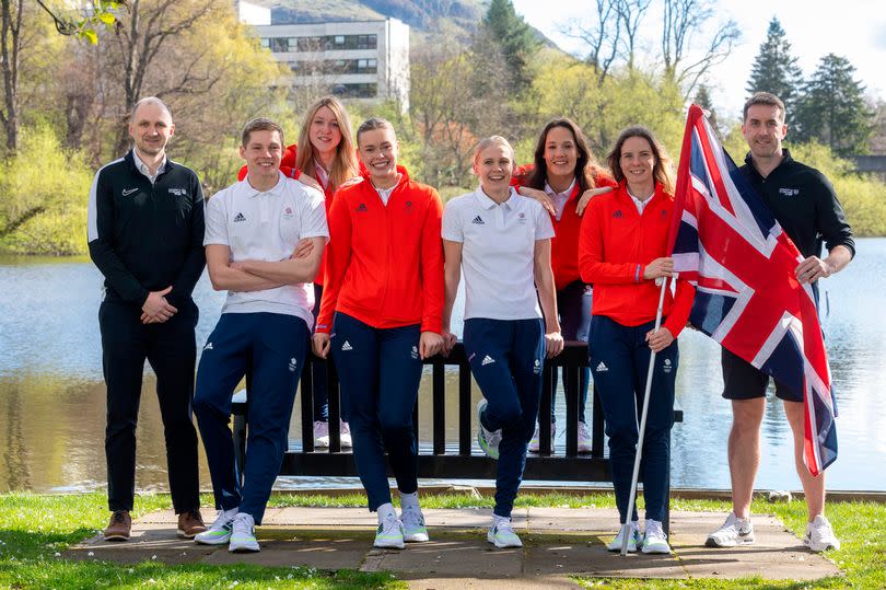 David Bond, Head of Performance Sport at the University of Stirling, Duncan Scott, Katie Shanahan, Lucy Hope, Kathleen Dawson, (l-r, back row) Keanna Macinnes, Angharad Evans, and Steve Tigg, Head Performance Swim Coach at the University of Stirling -Credit:Jeff Holmes/Stirling Uni