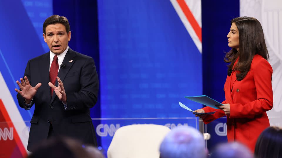 Republican presidential candidate and Florida Gov. Ron DeSantis participates in a CNN Republican Town Hall moderated by CNN's Kaitlan Collins at Grand View University in Des Moines, Iowa, on Thursday, January 4. - Rebecca Wright/CNN