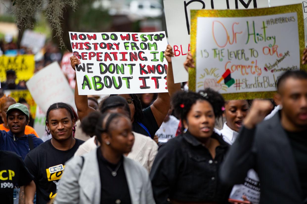 In February, hundreds participated in the National Action Network demonstration in response to Gov. Ron DeSantis's efforts to minimize diverse education. The activists chanted and carried signs while making their way from Bethel Missionary Baptist Church in Tallahassee to the Capitol building.