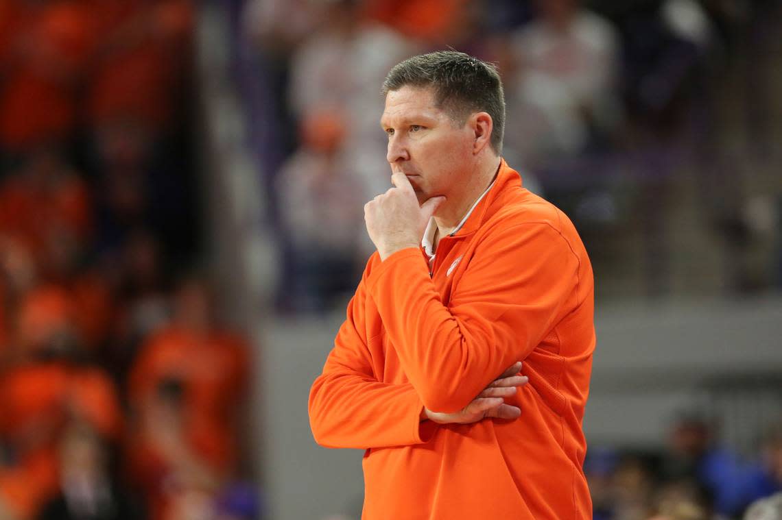 Clemson head coach Brad Brownell is quiet as he watches his team take the lead during the second half of an NCAA college basketball game against Duke in Clemson, S.C., Saturday, Jan. 14, 2023. (AP Photo/Artie Walker Jr.)