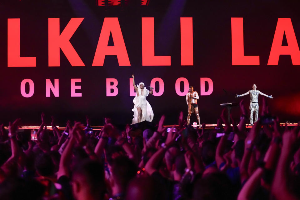 Electric Fields of Australia perform the song One Milkali (One Blood) during the first semi-final at the Eurovision Song Contest in Malmo, Sweden, Tuesday, May 7, 2024. (AP Photo/Martin Meissner)