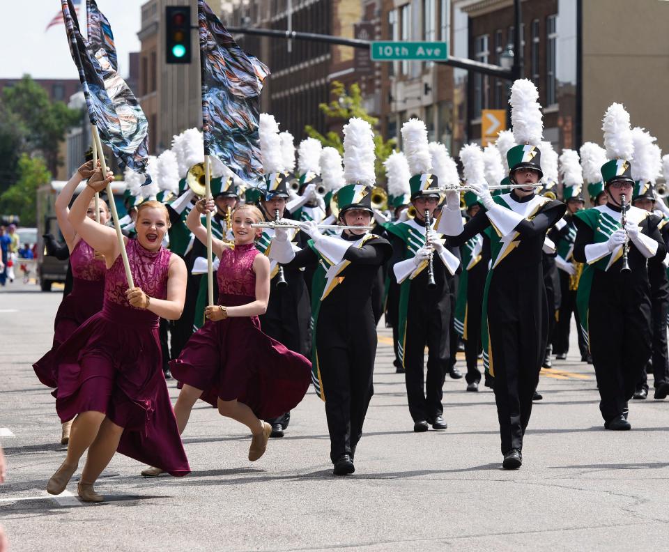 The Sauk Rapids-Rice High School Marching Band starts their routine Saturday, June 23, during the Granite City Days Parade in St. Cloud.