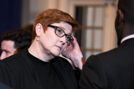 Australian Foreign Minister Marise Payne speaks with a delegate from the Democratic Republic of the Congo on the sidelines of the 74th session of the United Nations General Assembly in New York City