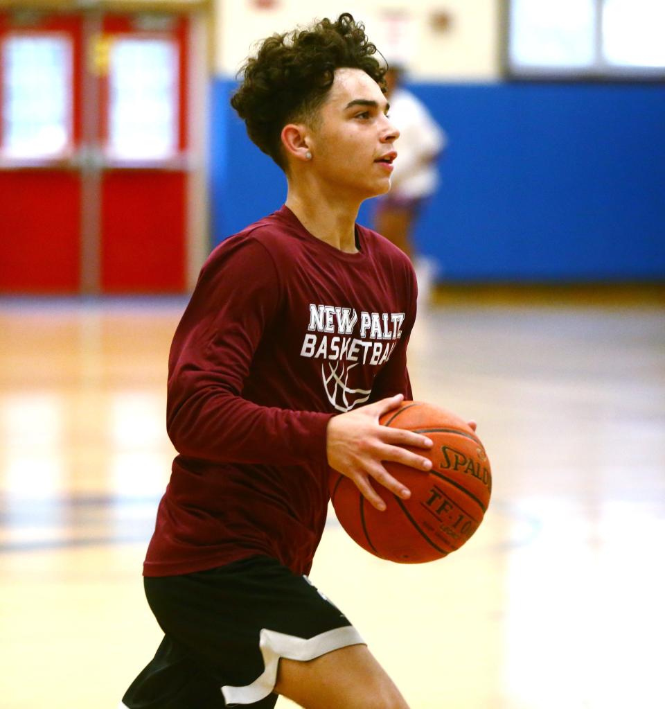 New Paltz's Cayden Dones runs a drill during practice with the BCANY Mid-Hudson boys basketball team in Wallkill on July 24, 2023.