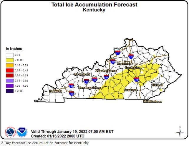 A 3-day forecast showing ice accumulation in the state of Kentucky through Wednesday, Jan. 19.