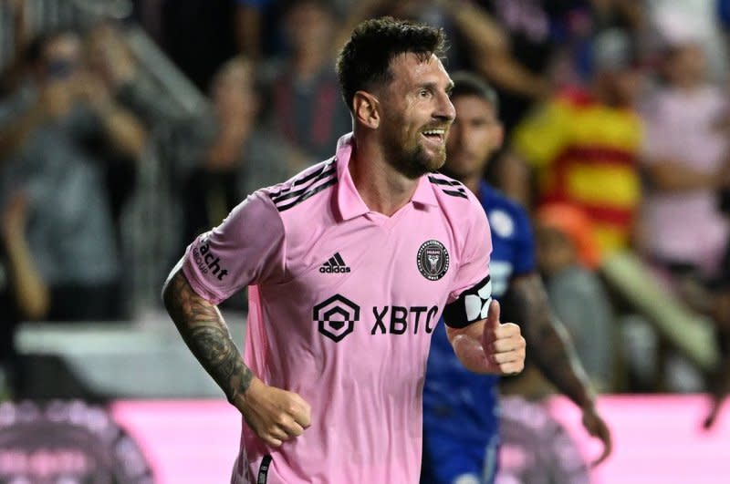 Lionel Messi smiles after scoring the game-winning goal for Inter Miami in a 2-1 win over Cruz Azul on Friday at DRV PNK Stadium in Fort Lauderdale, Fla. Photo by Larry Marano/UPI