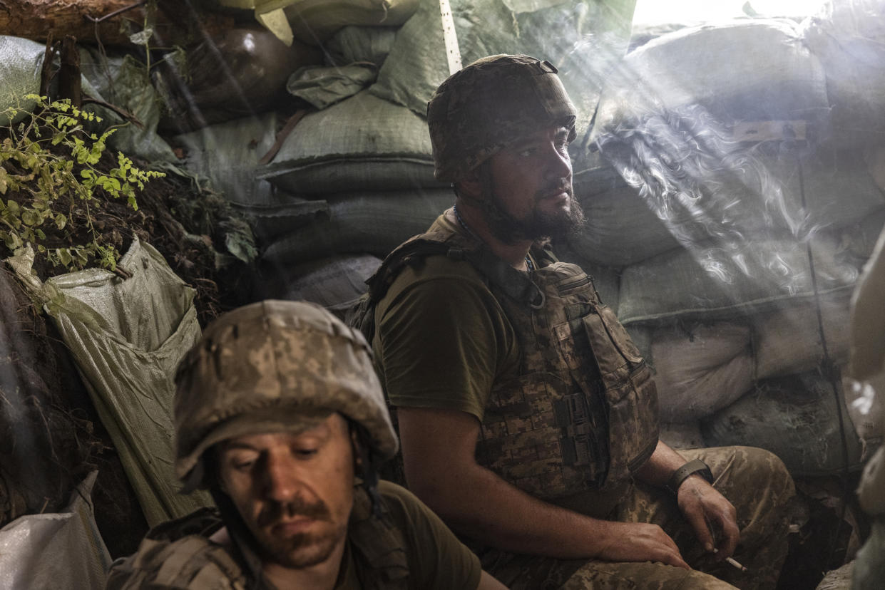 Soldiers with Ukraine’s 58th Motorized Infantry Brigade in an underground trench less than 550 yards from Russian positions, in the southern Donetsk region of Ukraine, July 21, 2024. (David Guttenfelder/The New York Times)
