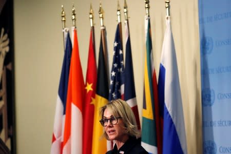 New U.S. Ambassador to the United Nations Kelly Craft speaks to reporters after attending her first U.N. Security Council meeting at U.N. headquarters in New York