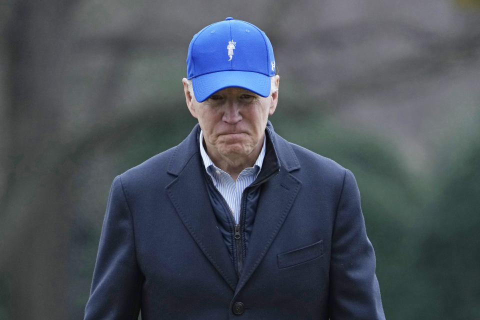 President Joe Biden walks off of Marine One on the South Lawn of the White House in Washington, Monday, Feb. 6, 2023, after returning from a weekend at Camp David in Maryland. (AP Photo/Susan Walsh)