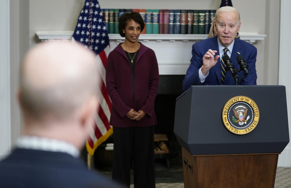 President Joe Biden responds to a reporters question after speaking about the February jobs report from the Roosevelt Room of the White House, Friday, March 10, 2023, in Washington. Cecilia Rouse, chair of the Council of Economic Advisers looks on. (AP Photo/Evan Vucci)