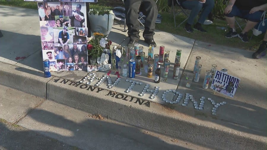 Friends and family gather for a vigil for Anthony Molina, who was killed in a hit-and-run in San Bernardino on April 19. The 44-year-old father of five’s family spoke with KTLA on April 21, 2024. (KTLA)