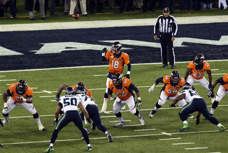 East Rutherford, NJ, USA; The snap goes over the head of Denver Broncos quarterback Peyton Manning (18) during the first quarter in Super Bowl XLVIII against the Seattle Seahawks at MetLife Stadium. Mandatory Credit: Noah K. Murray-USA TODAY Sports