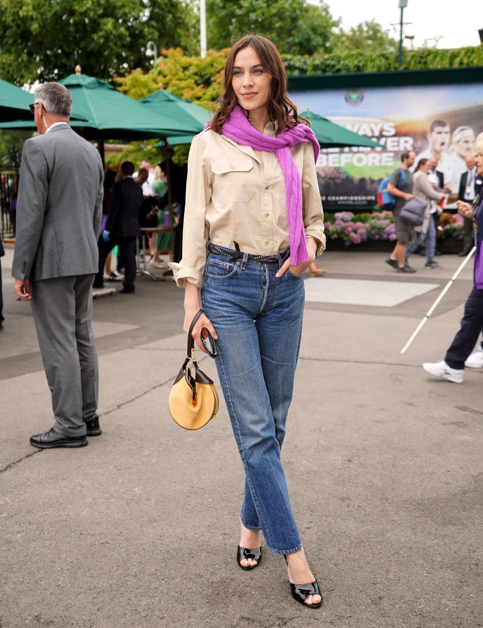 Alexa Chung arrives on day seven of the 2023 Wimbledon Championships at the All England Lawn Tennis and Croquet Club in Wimbledon. Picture date: Sunday July 9, 2023. (Photo by Zac Goodwin/PA Images via Getty Images)