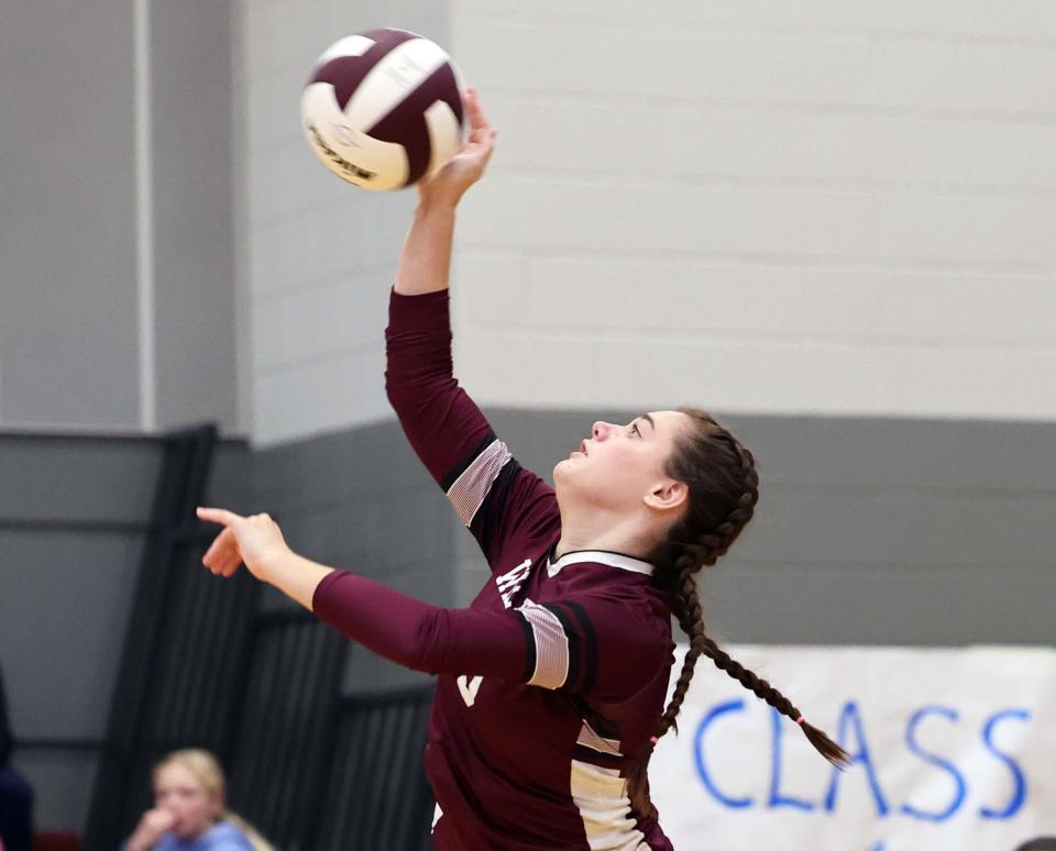 West Bridgewater's Ava Harkins serves the volleyball during a game versus Calvary Chapel High School on Tuesday, Oct. 18, 2022.  