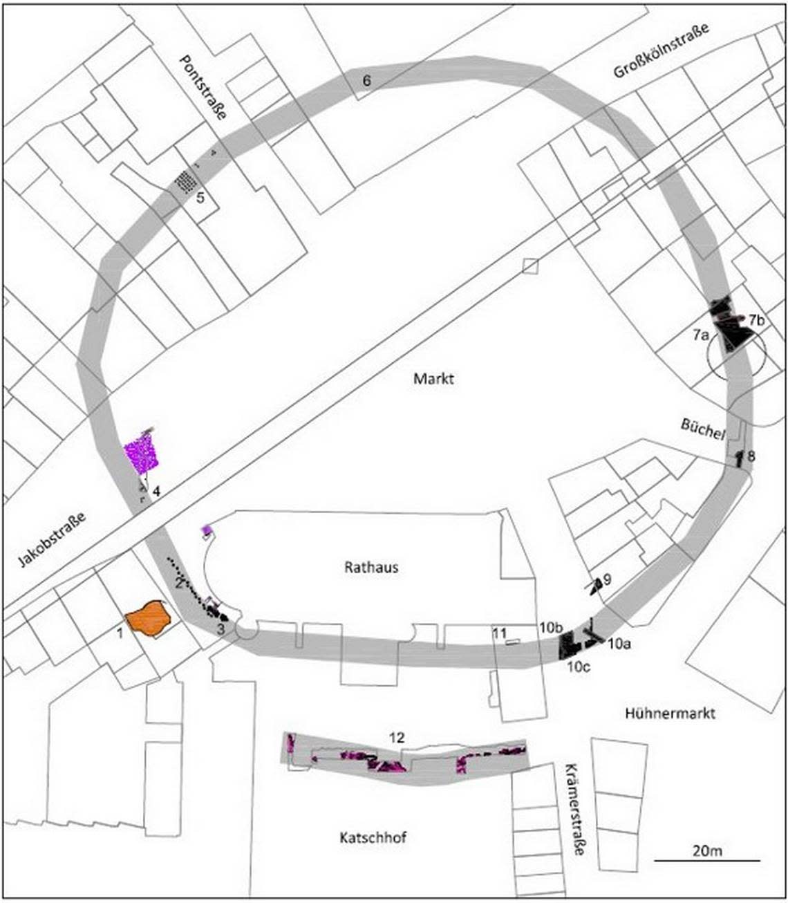 A diagram showing the location of the ancient Roman fort (gray shaded ring) in relation to the modern city of Aachen. Photo from the City of Aachen