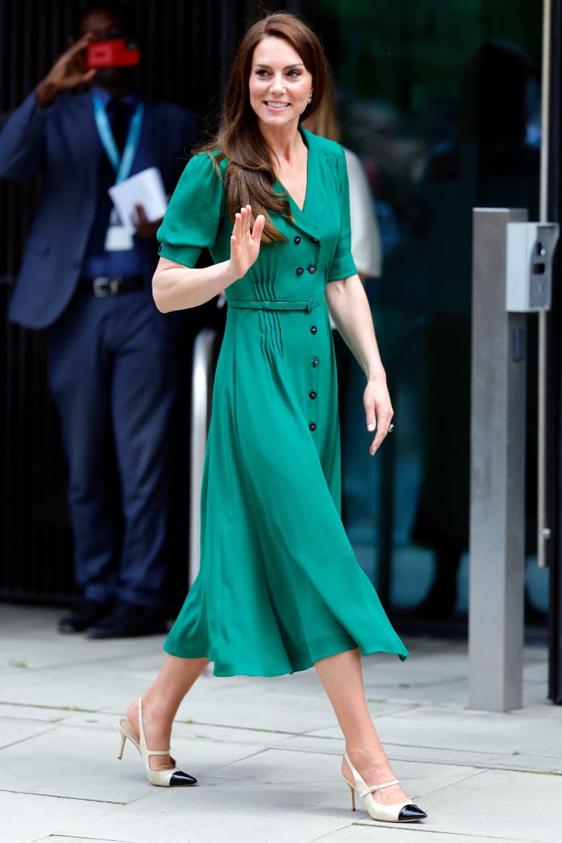 <p> Kate wore another of her favorite heel brands on May 18, 2023, during her visit to the Anna Freud Centre. She paired her button-up, green dress with Alessandra Rich slingback heels, which feature a black, patent tip. Kate also wore this very same pair during her appearance at The Wimbledon Men's Singles Final in July 2022. </p>