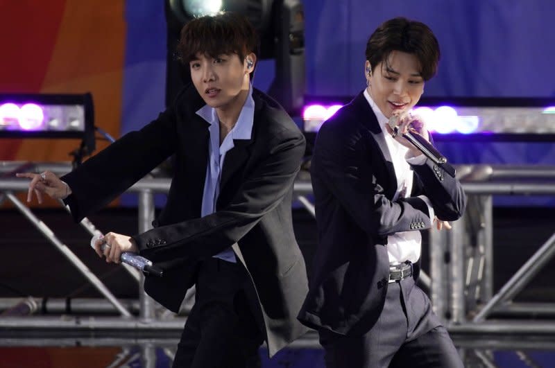 Jimin and J-Hope, of BTS, perform on "Good Morning America" at Ramsey Playfield/SummerStage in Central Park in New York City in 2019. File Photo by John Angelillo/UPI