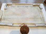 View of a "Fisheries Privilege" original document, signed by King Charles II in 1666, that is conserved at the State Archives of Belgium, in Bruges