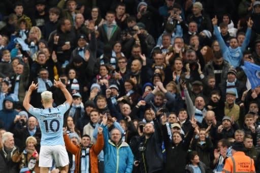 Sergio Aguero celebrates Manchester City's second goal in a 3-1 derby win over Manchester United