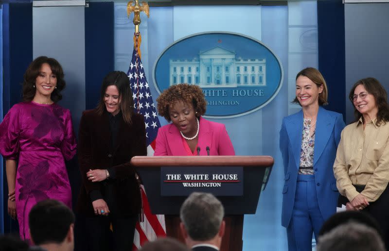 White House Press Secretary Karine Jean-Pierre holds a press briefing with cast members from The L Word at the White House