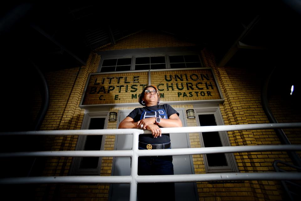 Monica Mickle Blake stands in front of Little Union Baptist Church in Shreveport where her father, Pastor Harry Blake, was beaten by the police in 1963. 