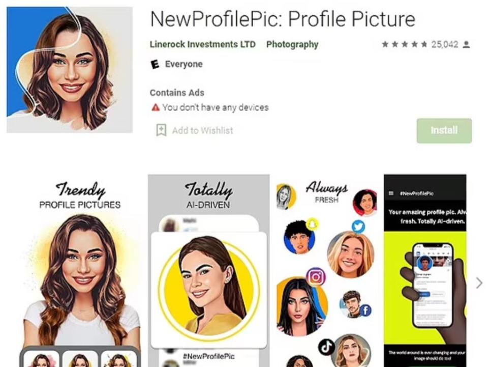 Warnings have been issued over the New Profile Pic app which collects large amounts of personal data from its users (Screenshot / Linerock Investments LTD)
