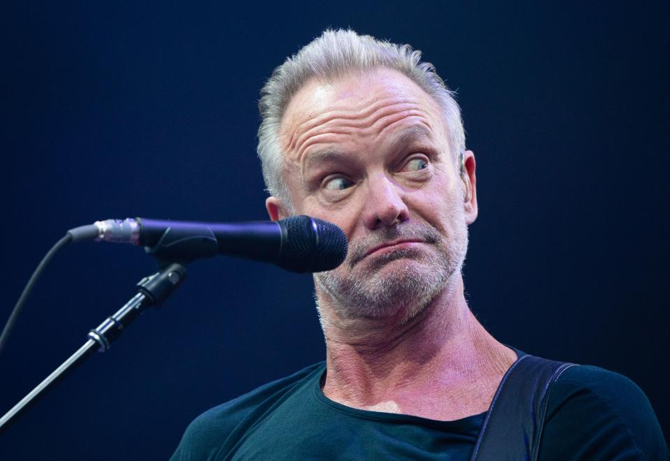 TOPSHOT - English musician Sting performs on stage in Hanover, western Germany on June 6, 2109. (Photo by Christophe Gateau / dpa / AFP) / Germany OUT        (Photo credit should read CHRISTOPHE GATEAU/AFP/Getty Images)