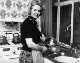 British Conservative Party leader Margaret Thatcher poses in February 1975 in the kitchen of her Chelsea home in London following her election at the head of the party. Thatcher has died following a stroke, aged 87