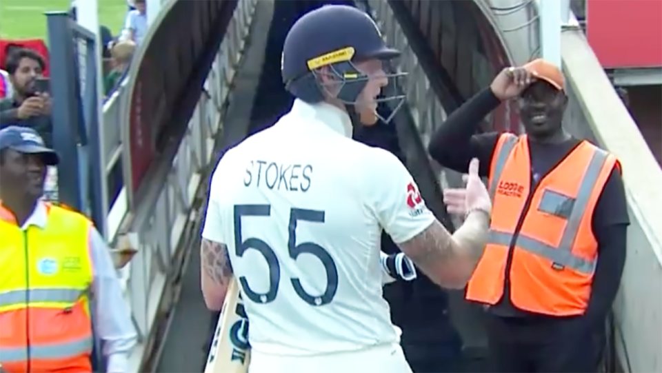 England's Ben Stokes has apologised for his foul-mouthed response to a heckler, after losing his wicket in the fourth Test against South Africa. Picture: Fox Sports