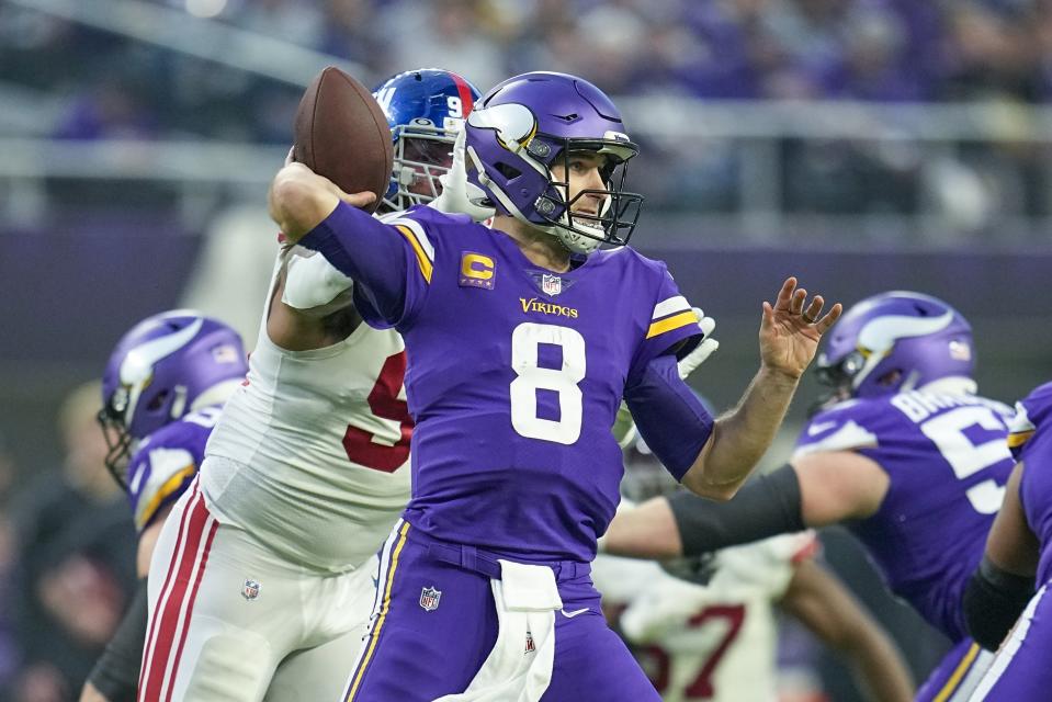 FILE -Minnesota Vikings' Kirk Cousins thorws during the first half of an NFL wild card football game against the New York Giants Sunday, Jan. 15, 2023, in Minneapolis. Kirk Cousins begins his sixth season with the Vikings, his future beyond this year unclear with an expiring contract. He’ll move into third place on the team’s all-time list for games started by a quarterback in the season opener. The Vikings play the Tampa Bay Buccaneers on Sunday, Sept. 10, 2023. (AP Photo/Abbie Parr, File)