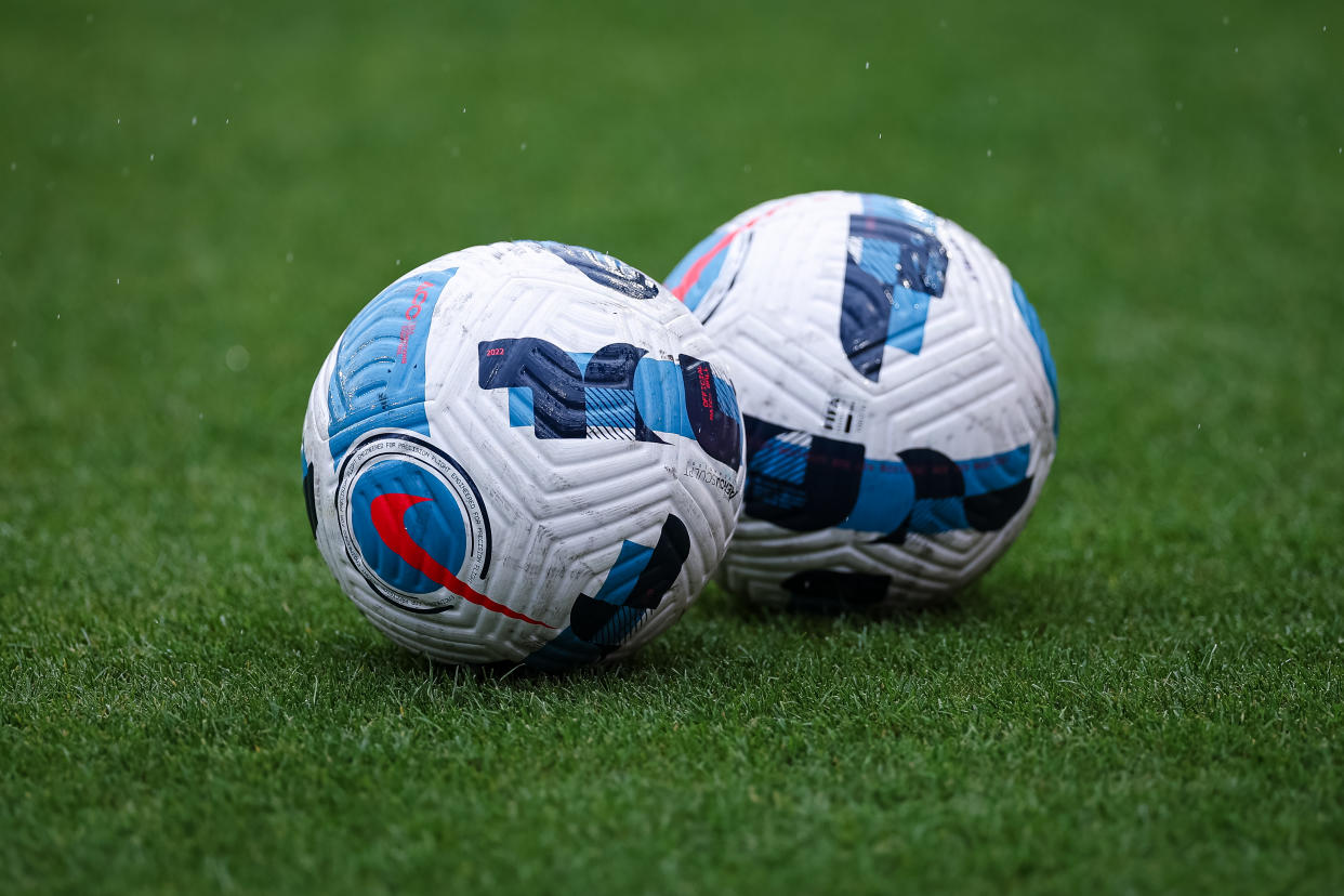 WASHINGTON, DC - May 01: A general view of two Nike branded soccer balls on the pitch before the NWSL game between the Washington Spirit and the OL Reign at Audi Field on May 1, 2022 in Washington, DC. (Photo by Scott Taetsch/Getty Images)