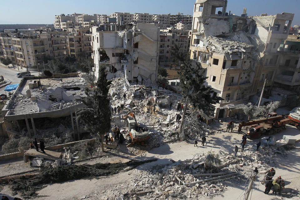 Damage after airstrikes in Idlib, Syria