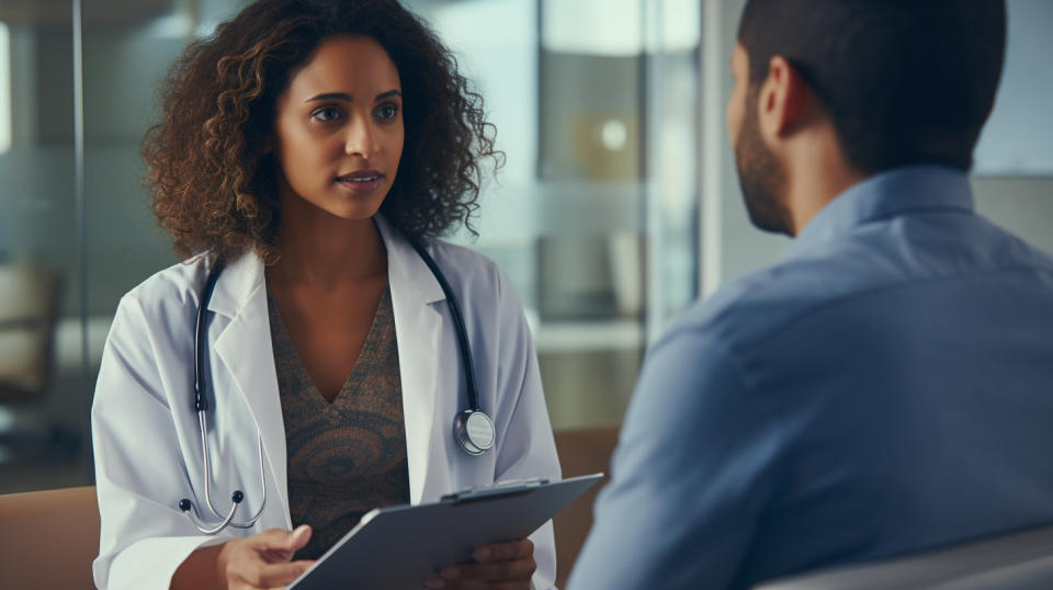 A healthcare professional discussing a treatment plan with a patient in an outpatient clinic.