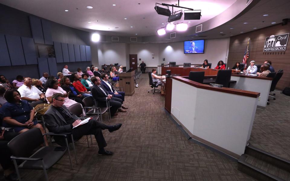 Murfreesboro City Council candidates speak during a political forum for Murfreesboro City Council candidates, on Tuesday, June 7, 2022, at City Hall in Murfreesboro. The event was hosted by the League of Women Voters in partnership with Murfreesboro CityTV. Candidates at the forum were Jami Averwater, Carolyn Cox, Madelyn Scales Harris, Austin Maxwell, Warren Russell, and Ricky Turner. Murfreesboro City Council candidate Samantha Sourinho was absent due to illness.