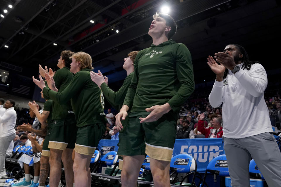 Colorado State's bench reacts during the second half of the team's First Four college basketball game against Virginia in the men's NCAA Tournament, Tuesday, March 19, 2024, in Dayton, Ohio. (AP Photo/Jeff Dean)